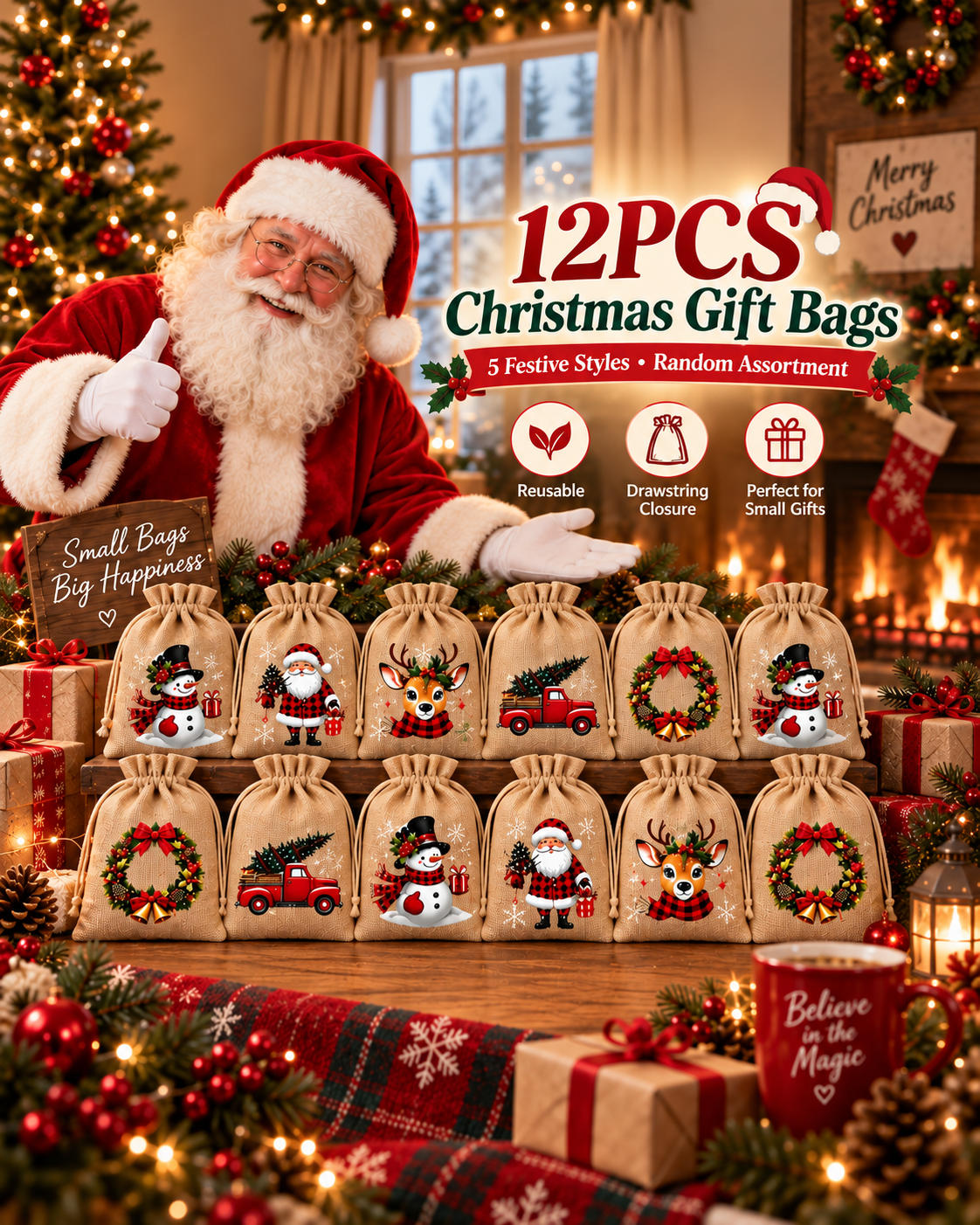 🎄 Christmas Gift Bags – Festive Prints, Sturdy Drawstring & Reusable