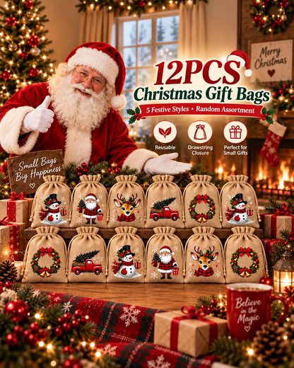 🎄 Christmas Gift Bags – Festive Prints, Sturdy Drawstring & Reusable