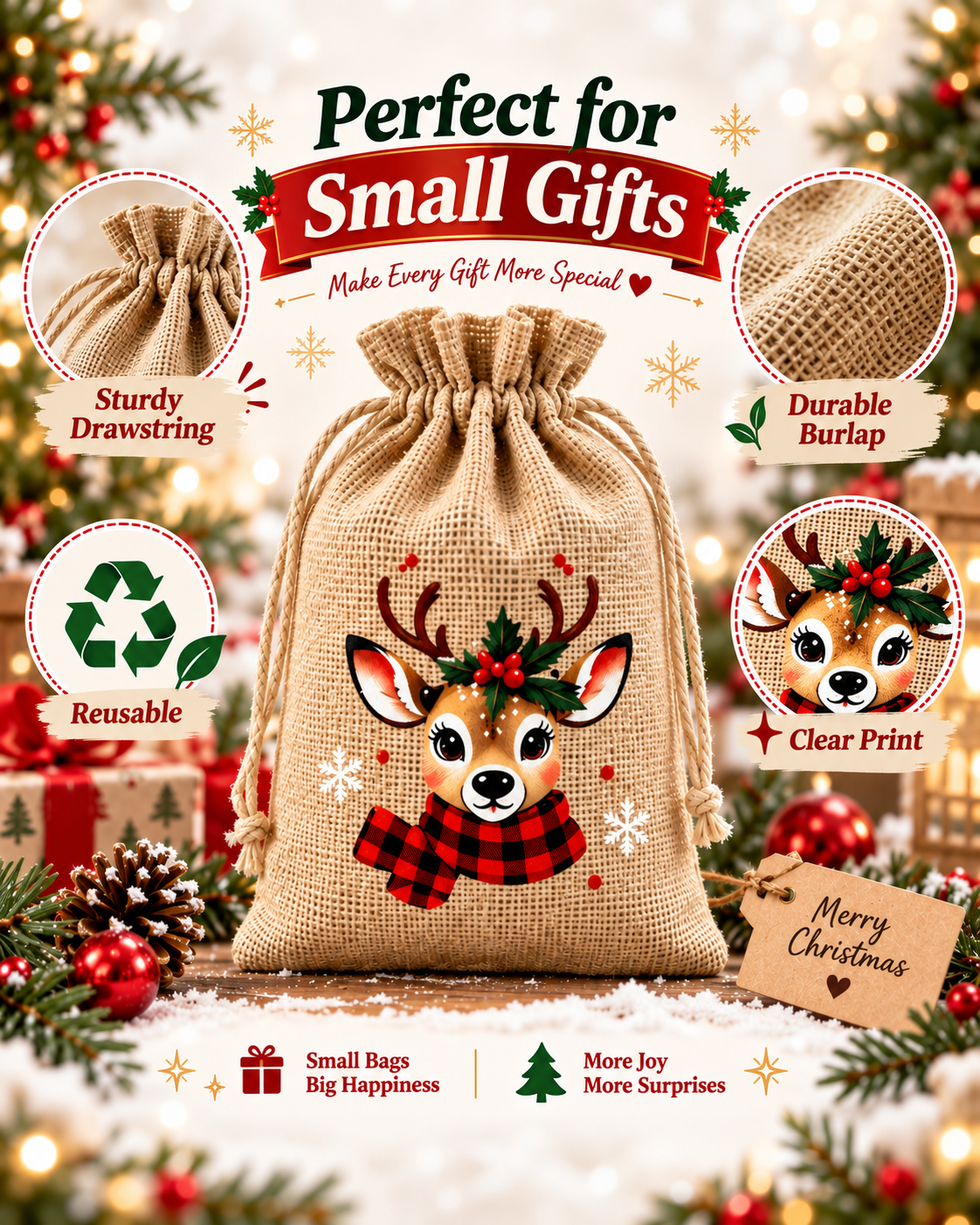 🎄 Christmas Gift Bags – Festive Prints, Sturdy Drawstring & Reusable