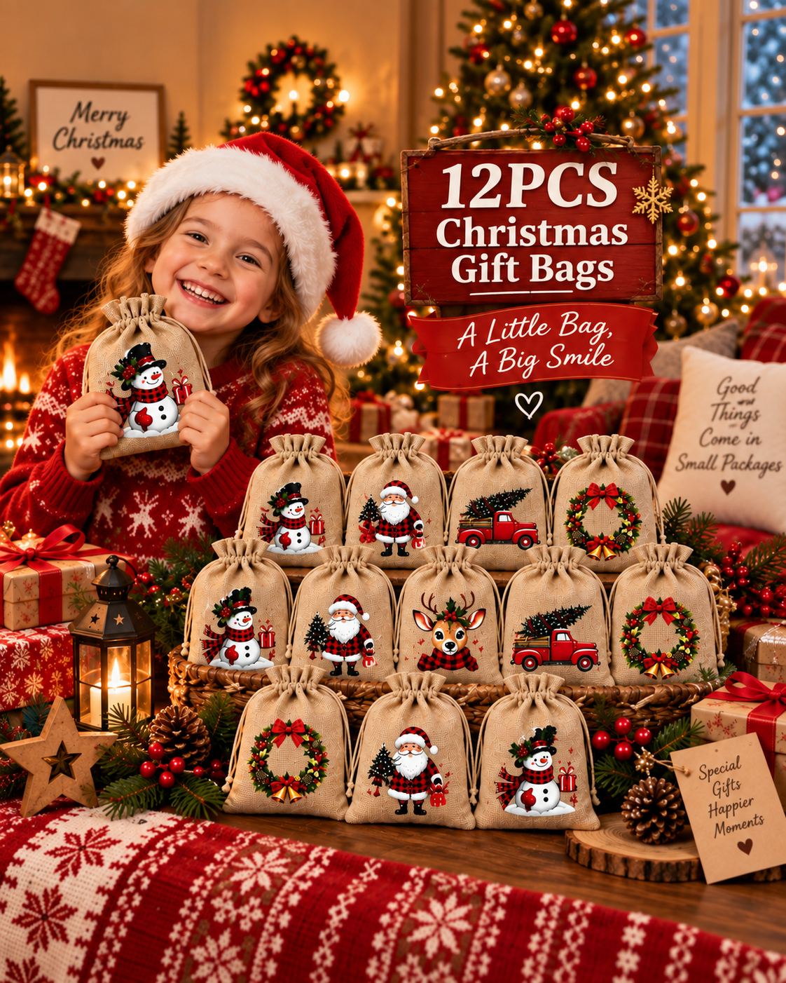 🎄 Christmas Gift Bags – Festive Prints, Sturdy Drawstring & Reusable