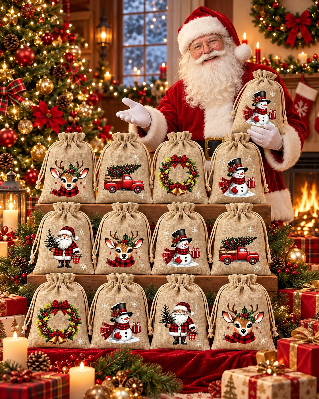 🎄 Christmas Gift Bags – Festive Prints, Sturdy Drawstring & Reusable