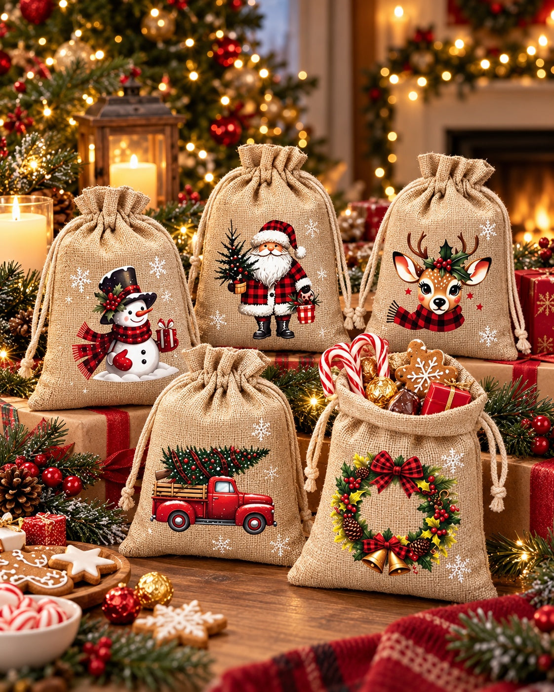 🎄 Christmas Gift Bags – Festive Prints, Sturdy Drawstring & Reusable