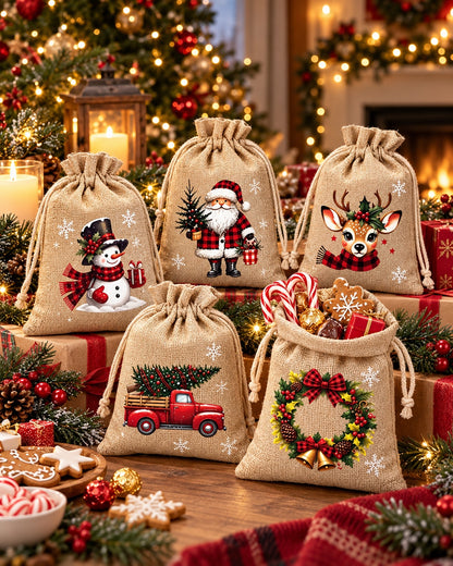 🎄 Christmas Gift Bags – Festive Prints, Sturdy Drawstring & Reusable