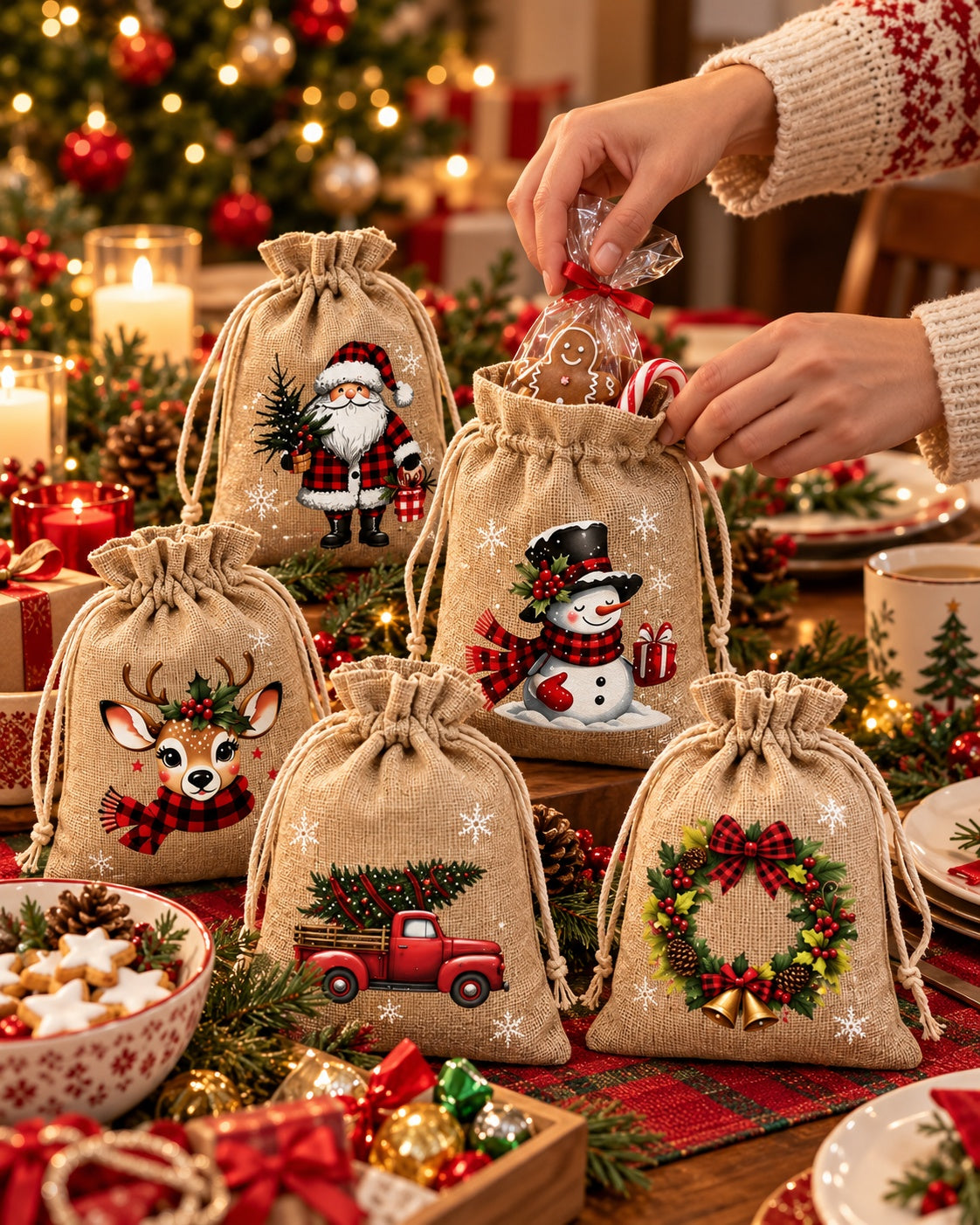 🎄 Christmas Gift Bags – Festive Prints, Sturdy Drawstring & Reusable